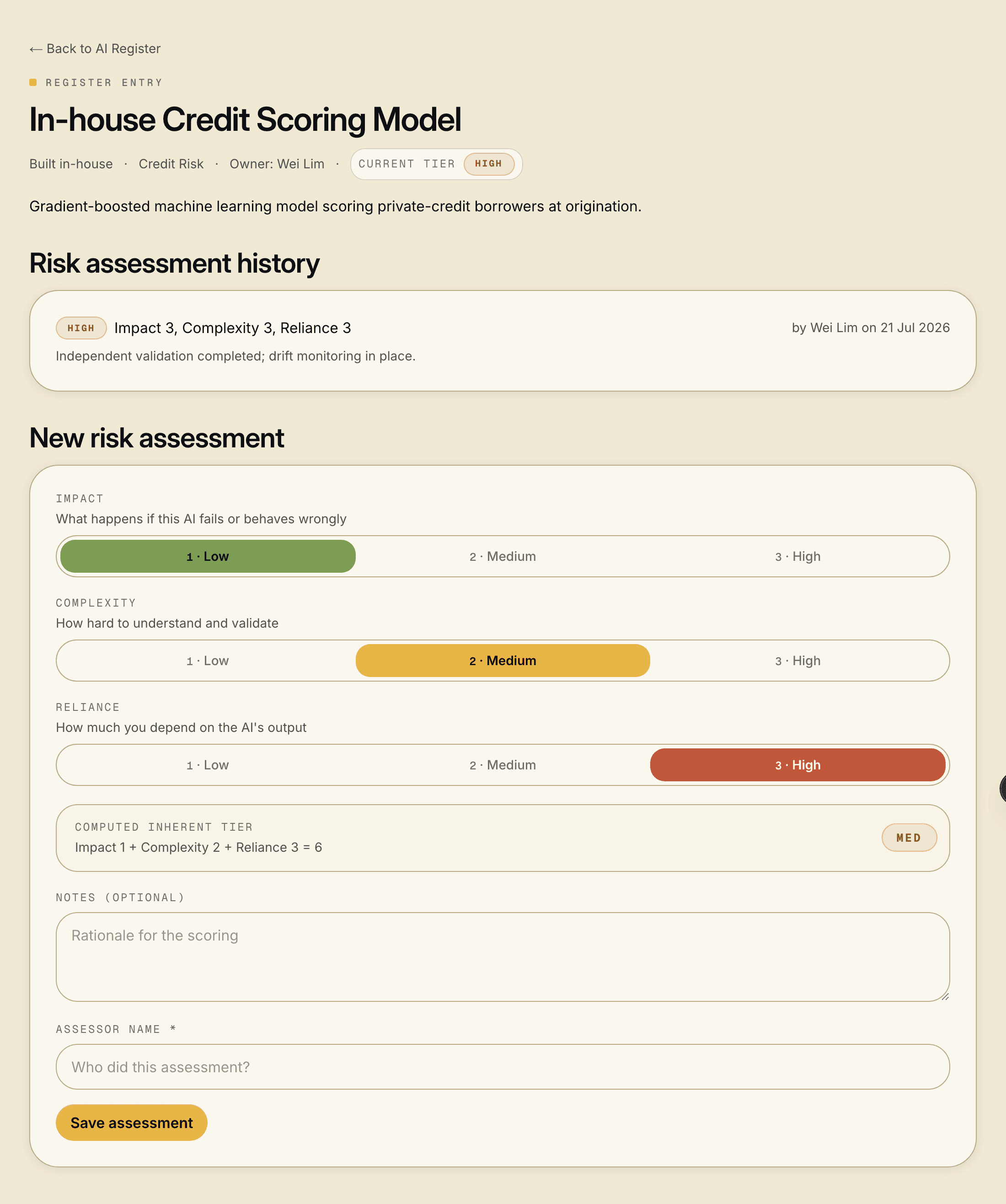 Governance Row risk assessment for an AI use: Impact, Complexity and Reliance each scored on Low / Medium / High buttons coloured sage, amber and terracotta, producing a computed inherent risk tier.
